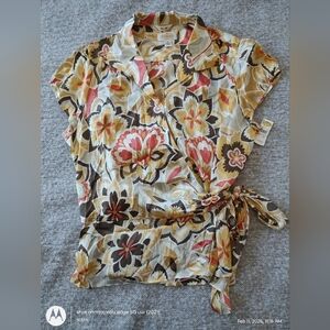 Talbots Silk Floral Wrap Blouse Red Yellow Brown 18 Wrap Top Blouse